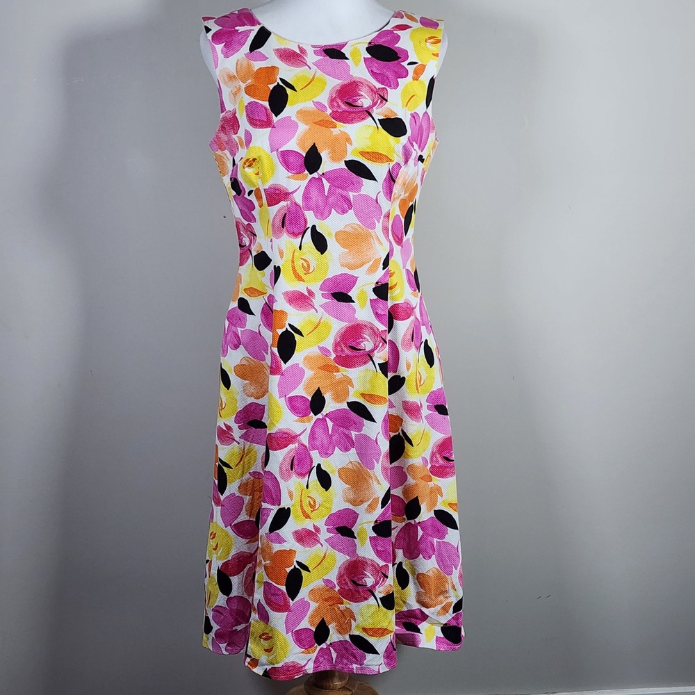 Linea Domani Floral Dress Womens 8 Pink Yellow Sleeveless Cotton Party Wedding